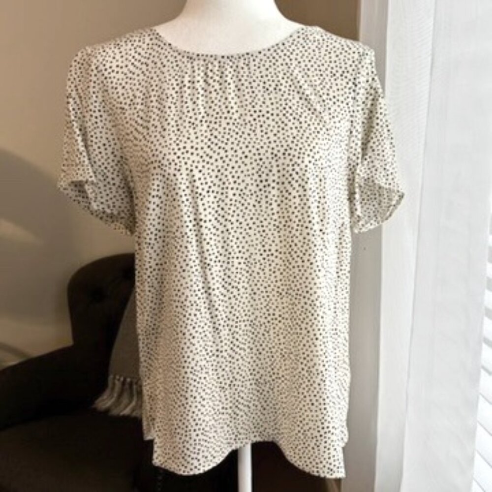 DR2 White Black Polkadot Hi Low Hem Cap Sleeve Top Blouse Size Med